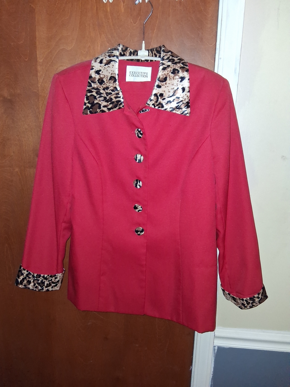 Executive Collection Women's Red Skirt Set Jacket with Leopard Trim